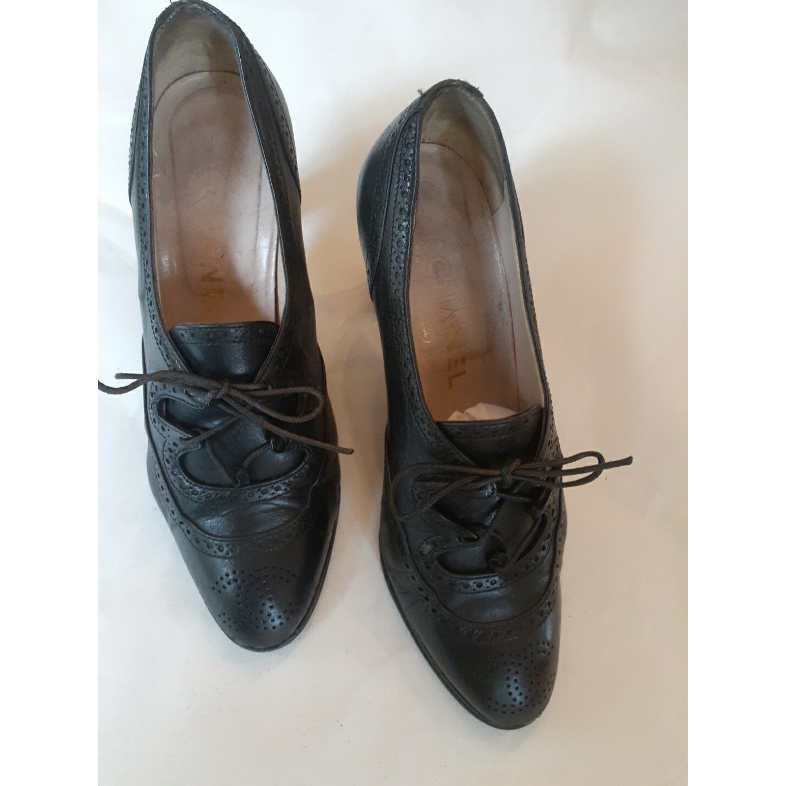 Vintage Chanel Black Leather Lace Up Heel, Size 35.5